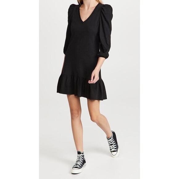 Nation Ltd Danika Dress Size M Black Cotton VNeck Puff Sleeve Mini Shift Casual - Picture 1 of 14
